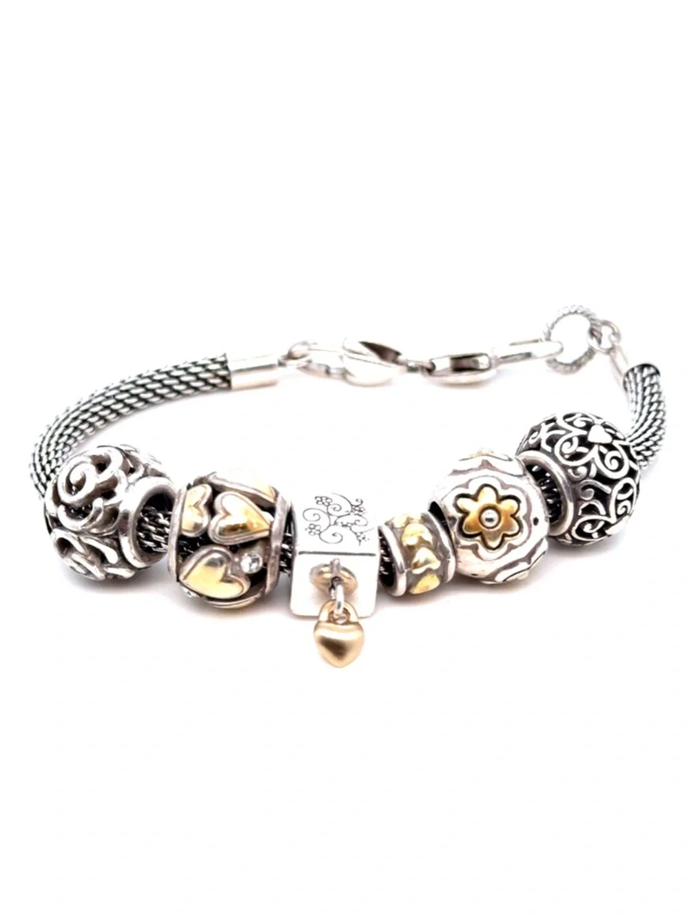 Brighton Two-Tone Silver Bracelet with Gold Heart & Floral Charms - Picture 1 of 9